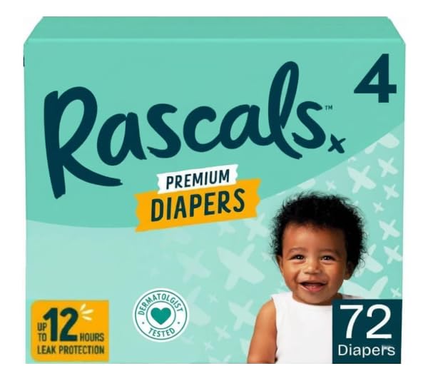 Rascals ~Premium Absorbent Baby Diapers (Size 4, 72 Count) with 5 Sensitive Infant Wipes
