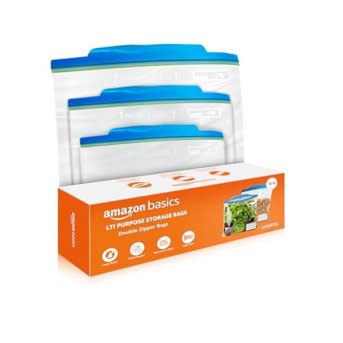 Image of Amazon Basics - Multipurpose Zip Lock Storage Bags | 15 Bags | Assorted Sizes, 5 Each - S, M, L | Material Plastic | Reusable and Reclosable with Double Zipper