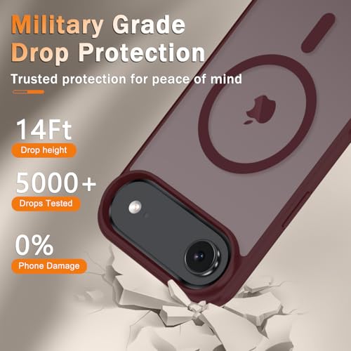 Image of YENAPOON for iPhone Air Case, Matte Magnetic Phone Cover [with 1 Screen Protector] [Support for MagSafe] [Shockproof Military Grade Protection] Translucent Frosted Back, Wine Red