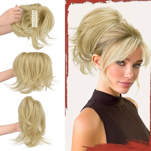 Sofeiyan Coleta Postiza con Pinza Natural,Peluca con Coleta Corta y Liso y Alambre Flexible Incorporado, Extensiones Sintéticas de Cola de Caballo para Mujeres,Rubio Ceniza con Reflejos Dorados Claros