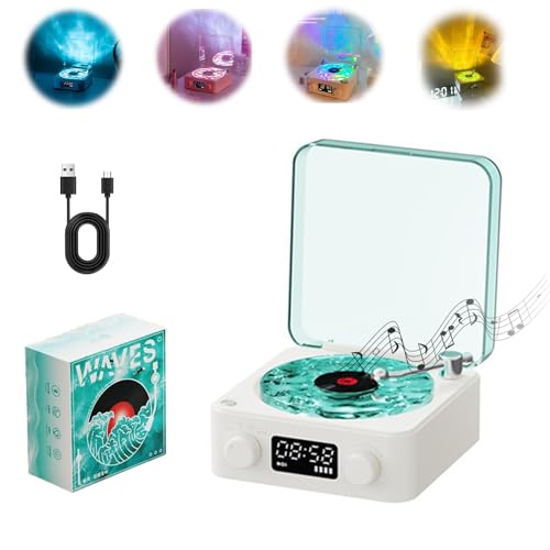 Waves Bluetooth Speaker, Portable CD/Vinyl Player, Vintage Style with Ambient Lights - White