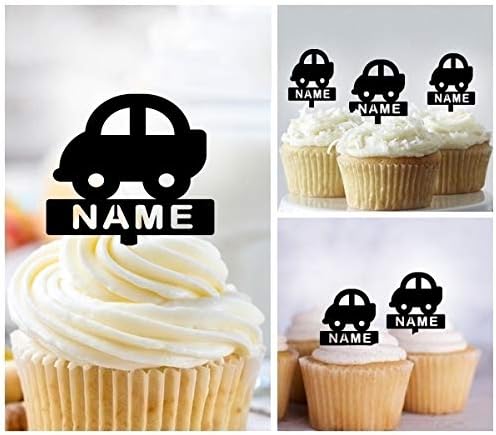 TA0615 Mini Car Silhouette Party Wedding Birthday Acrylic Cupcake Toppers Decor 10 pcs with Personalized Your Name