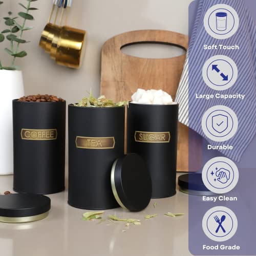 Sarkap Canisters Sets For The Kitchen – 3 Piece Kitchen Canisters For Countertop, Coffee Canister Tea Flour And Sugar Containers With Lids, Set Of 3 Canisters Sets For The Kitchen (34Oz) (Black) #TOP2