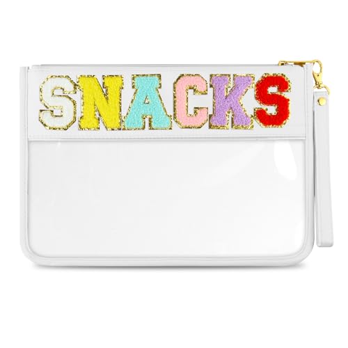 Morcheiong Chenille Letter Bag Cute Cosmetic Bag Clear Zipper Stuff Pouch Portable Multi-purpose PVC and Nylon Makeup Bag with Handle for Travel School Gym BeachWhite Snacks