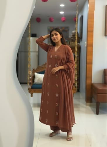 Image of ANNI Designer Women's Rayon Viscose Straight Kurta Set with Pant and Dupatta | Stylish Long Kurti Dress for Festive, Party, and Ethnic Wear