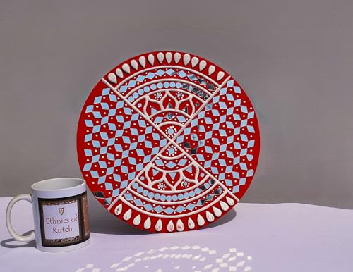 Image of Ethnics of Kutch Traditional Kutch Handicraft Mud-Mirrorwork Lippan Kam Wall Art (Water and Break Resistant) - Round (12 Inch Diameter) - (Red LKT-0276)
