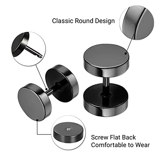 Aroncent 6 Pairs 4-14mm Black Earrings for Men Women Fake Gauges Fake Earrings Stainless Steel Earrings Set2