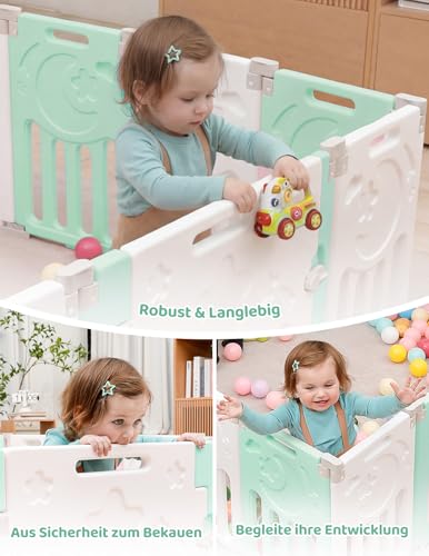 Dripex Laufstall Baby faltbar, laufgitter baby aus Kunststoff, laufstall mit Tür und Spielzeugboard, 150×150cm 14-Paneele, grün – Ansicht 9