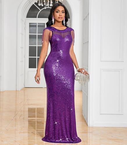 Image of Cololura Women Sexy Sequin Mesh Perspective Bodycon Party Cocktail Evening Gown Maxi Dress