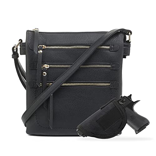 JESSIE & JAMES Double Compartment Multi-Zipper Triple Zip Pockets Concealed Carry Crossbody Bag with Lock and Key