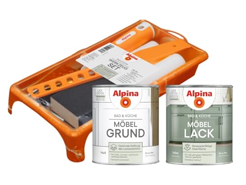 Alpina Bad & Küche Möbel-Lack Set – Salbei – seidenmatter Lack, Grundierung und Werkzeug-Set – für die einfache und professionelle Renovierung