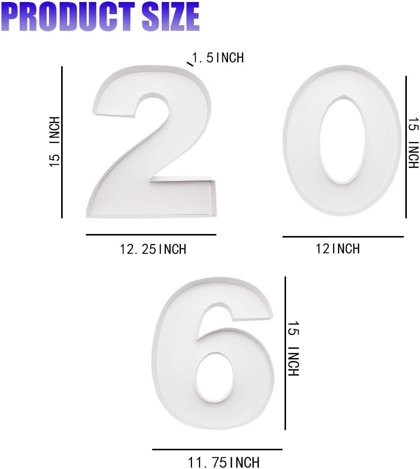 2026 Decorative Cardboard Number Box Set, 12 and 15 Inch Fillable Design, Natural Color, for Graduation and New Year's Eve Celebrations, 4 Pieces (White, 15inch)