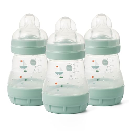 MAM Easy Start Anti-Colic Baby Bottles | 3 Pack (3 x 160ml) | Self-Sterilising Baby Milk Bottle | Slow Flow MAM Teats Size 1 | Newborn Essentials | Green Tea (Various Designs)
