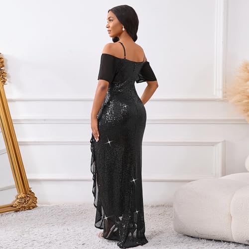 Image of dasmzper Women Sexy Off Shoulder Bodycon Ruffle Split Hem Maxi Cocktail Party Evvening Night Out Dress Black