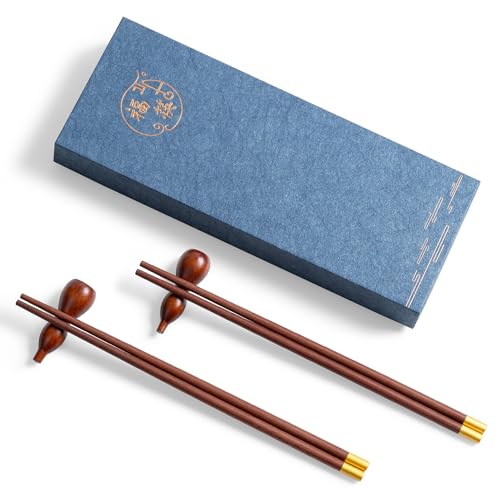 Hefild Reusable Wooden Chopsticks Set, 2 Pairs, 9.2 Inch, Gourd Rests