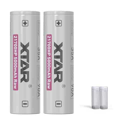 XTAR 21700タイプ リチウムイオンバッテリー 5000mAh 3.6V 保護回路無しRaw充電池2本セット 専用電池ケース付属