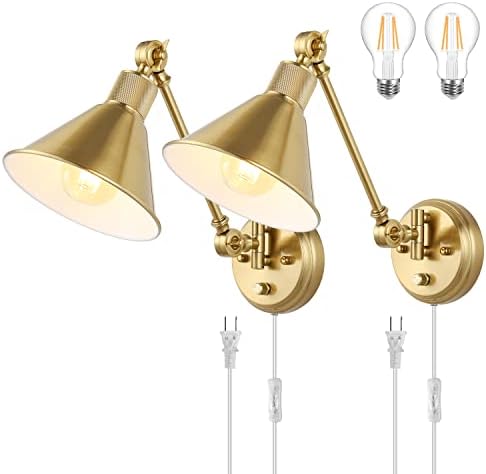 TRLIFE Wall Sconce Plug in, Dimmable Wall Sconces Set of 2 Wall Lights with Plug in Cord and Dimmer On/Off Knob Switch, Brushed Brass Swing Arm Wall Light, UL Listed(2 Pack, 2 Bulbs)