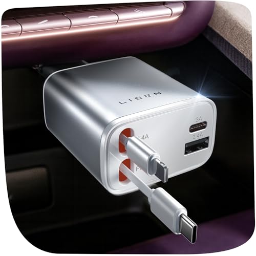 LISEN Retractable Car Charger for iPhone, for iPhone 17 Pro Max 16 15 14 13 12 Plus Mini, Cute 4 in 1 Retractable USB C Car Charger Fast Chareg for Women Men, 84W Fast Charging Car Accessori
