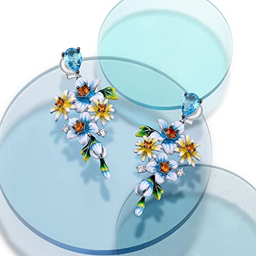Santuzza 925 Sterling Silver Enamel Flower Earrings Blue Spinel Cubic Zirconia Flower Bunch Floral Dangle Pierce Earrings For Women #TOP2