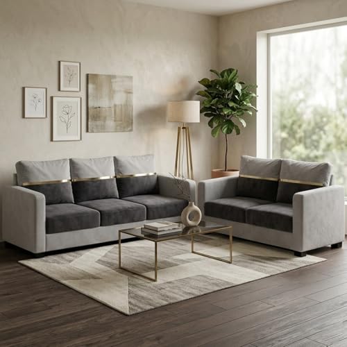 Image of FURNY Hedstor 3 Seater + 2 Seater Fabric Sofa Set (Light Gray-Dark Gray) with Velvet Finish | Durable Comfort | Ideal for Living Room