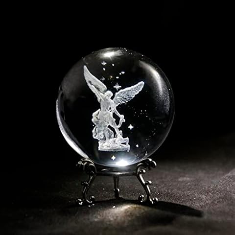 vskikris 3.15in 3D Laser Archangel St. Michael Slaying Demon Figurine Crystal Ball Paperweight with Stand Cover