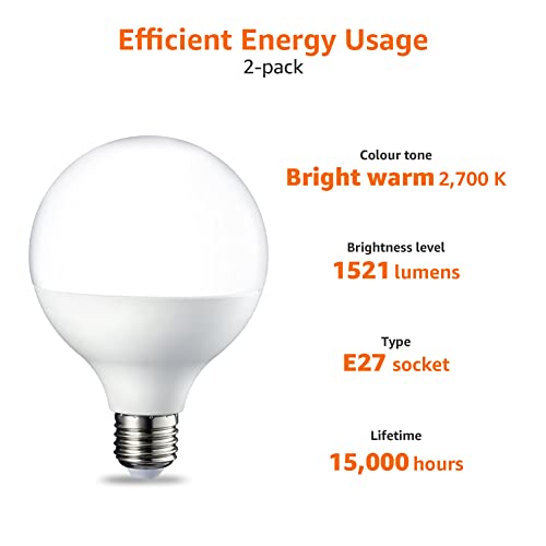 Amazon Basics LED E27 Edison Screw Globe G93 Bulb, 14.5W (Equivalent to 100W), Bright Warm, Non Dimmable - Pack of 2 - Image 4