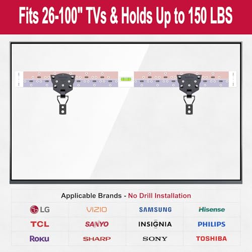 TV Wall Mount - No Drill Installation, TV Mount 150 lbs Heavy Duty Capacity for 26-100 inch TVs, Fits LED/OLED/QLED/Plasma Displays, Bolt Kit Included