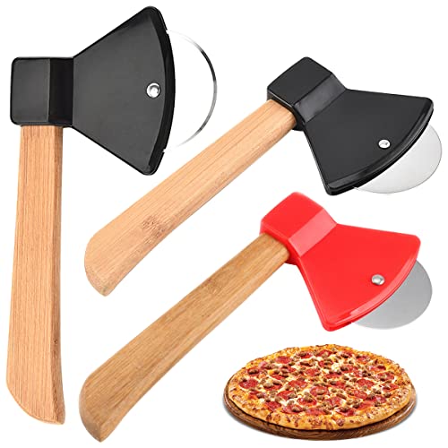Cortador de Pizza Profesional,Forreen 3 Piezas Cuchillo de Pizza Antiadherente Creativo Forma de Hacha Cortapizzas de Acero Inoxidable con Mango de Madera para Pizza Pan Masa,Color Aleatorio