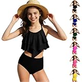 BUERCWS Girls Summer Two Piece Swimsuit Fashion Tiered Ruffle Bikini Bathing Suit Beach Swimwear with Shorts 7-13 Years Girls Swimsuit Two Piece high Waist Black 7-8Years