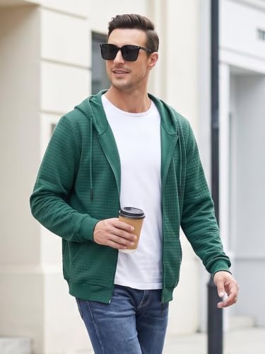 Satankud Men's Jacquard PlaidCloth Zipper Hoodie Sweatshirt Blackish Green — view 2