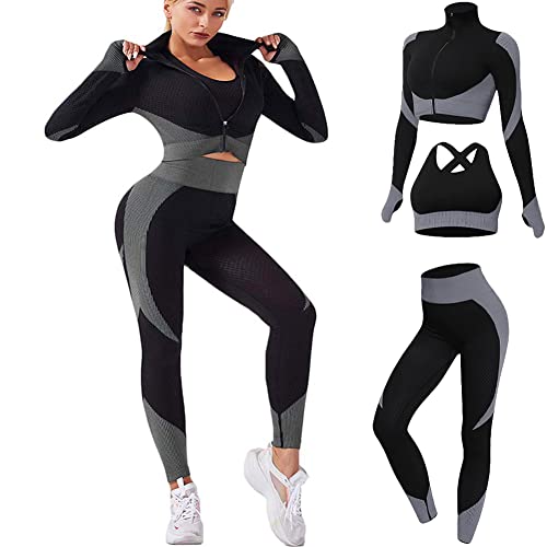 Veriliss 3 Teilig Trainingsanzug Damen, Sport Leggings Gym Set Yoga Jogginganzug Strumpfhosen Stretch-Sport-BH-Fitness-Set Sportbekleidung Jogging Pilates Zumba Tennisbekleidung - Schwarzgrau - L