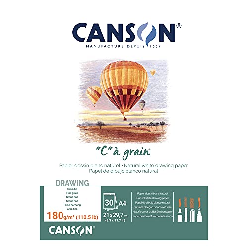 CANSON C à Grain, Papel para Desenho em Bloco, Gramatura 180 g/m², Tamanho A4, 30 Folhas