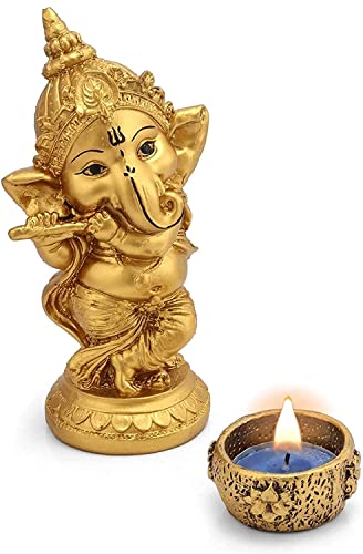 Image of Handmade Showpiece Polyresin Ganesh dol with Deepak and Figurines for Spiritual Vaastu Pooja Decorative for Puja Gifts & Decoration Items for Home Decor (Fulte Standing Ganesha)