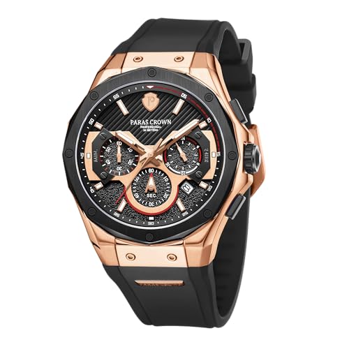 PC PARAS CROWN Uhren Herren mit Japanischem Uhrwerk 5ATM Chronograph Quarzuhr Edelstahl Tonneau-Gehäuse Herren Uhr mit Silikonarmband