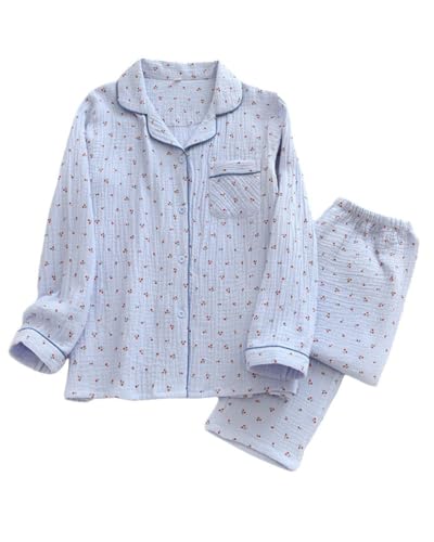 Womens Cotton Gauze Pajama Set Long Sleeve Button Up Shirt and Pants 2 Piece Cute Printed Pj Set
