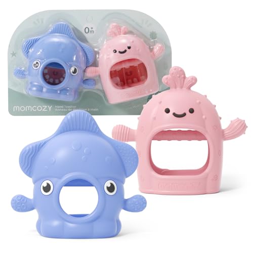 Image of Momcozy 2 Pack Teething Toys, Food Grade Silicone Baby Teethers for 0-12 Months, Baby Teether Mitten Wrist, Teething Relief with Multiple Chew Points,Hygienic Seamless UV-Integrated Design,Blue&Pink