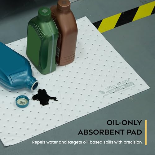 Image of Spill Ready Oil Only Absorbent Pads 15 inch x 20 inch (200 Pack) - Standard Weight Absorbs Up to 24 oz per pad - 2mm Oil Spill Mat, Hydrophobic Sorbent Mat Pads for Oil & Fuel Spills, Oil Pads - White