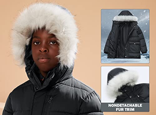 Maoo Garden Boys Puffer Winter Coats Kids Fake-Down Heavyweight Jacket Waterproof Fur Hooded Parka Black 9-10Y #TOP3