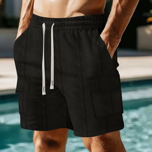 Image of Men's Cargo Shorts Casual Elastic Waist Drawstring Textured Lightweight Summer Comfy Beach Shorts Multi Pockets