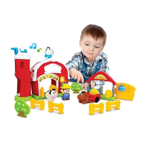 Granja musical para pequeños con botones brillantes y sonidos que incluye granja, granjero, vaca, caballo, carro y paja. A partir de 18 meses.