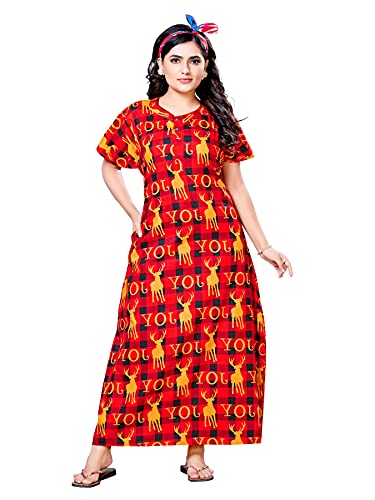 Image of PNAEONG Women Cotton Printed Nighty, Gown Maxi - Free Size Joy, Red