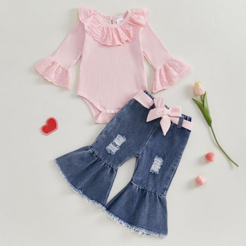 MAINESAKA Infant Baby Girl Denim Bell Bottom Outfit Long Sleeve Lace Ribbed Romper Flare Jeans With Bow Set Cute Boho Clothes2