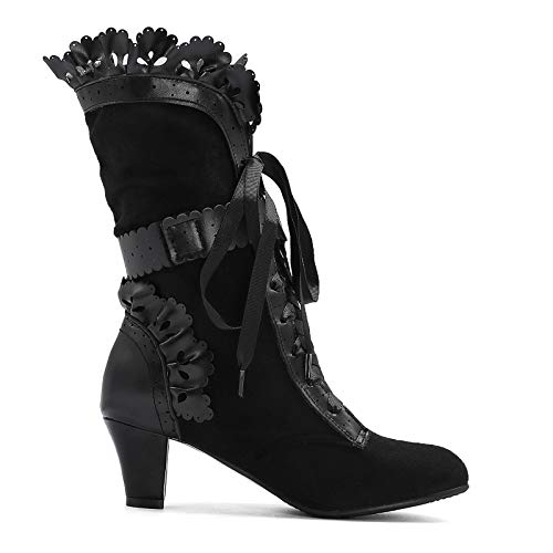 Lanreytaley Women Sweet Bow Boots Mid Heels Lace Up Moccasin Boot Mid Calf Lolita Slouch Boots Ruffle Boots Black Size 41 Asian #TOP4