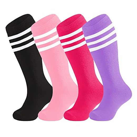 UTTPLL 4 Pairs Toddler Soccer Socks Kids Girls Boys Baseball Sports Socks Uniform Stripes Knee High Long Tube Socks Black,Pink,Rose Red,Purple