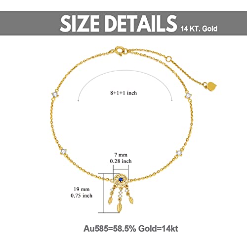 Muuyon 14K Gold Dream Catcher Anklet, Solid Yellow Gold Sapphire Dreamcatcher Anklet For Girl Women, 8+1+1 Inch #TOP4