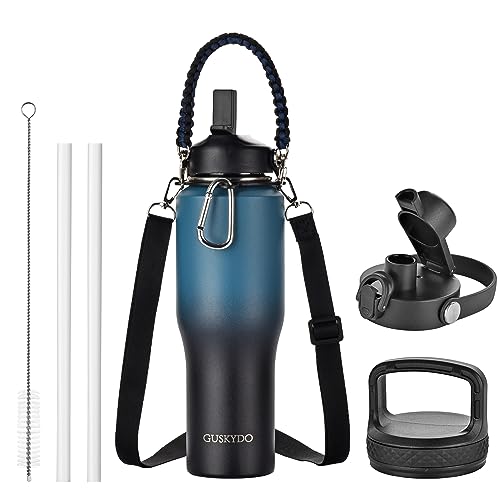 32oz Insulated Water Bottle with Paracord Handles &Strap, Double Wall Metal Stainless Steel Tumbler Travel Flask with Straw Lid and Spout Lid, Fits in Any Car Cup Holders Keep Cold Hot 24 Hrs