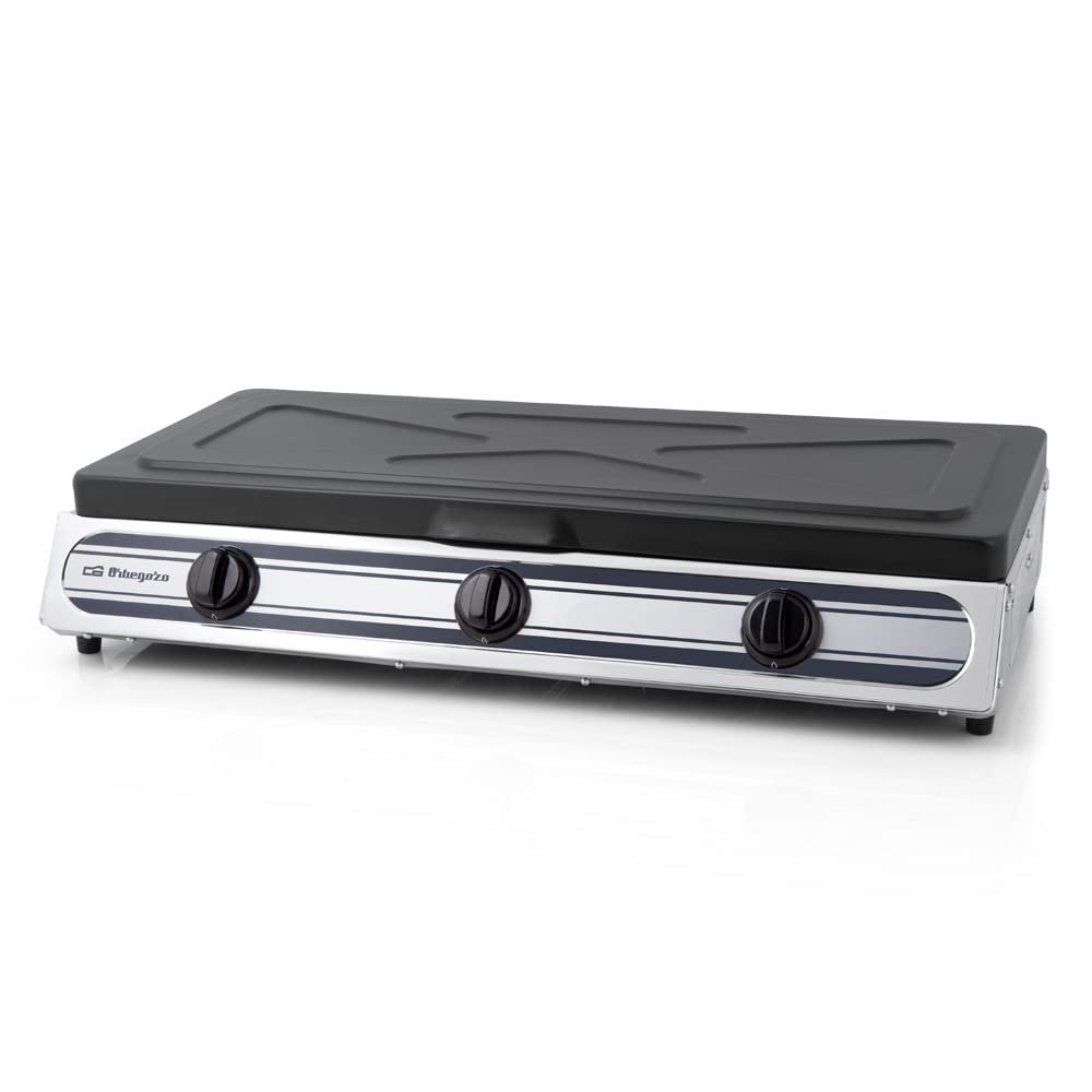 Orbegozo FO 3510 - Hornillo a gas, cuerpo inox, 2 quemadores de triple corona y 1 normal, encendido piezoeléctrico, uso interior y exterior, gas butano o propano