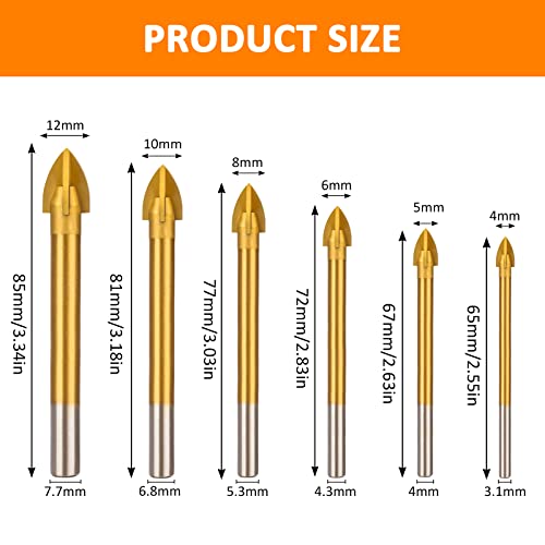 HOMEIDOL 6pcs Masonry Drill Bits, Titanium Coated Glass Drill Bits Set 4 Cutting Edges Cross Spear Head Drill for Ceramic Tile Marble Mirror and Glass, 4mm 5mm 6mm 8mm 10mm 12mm