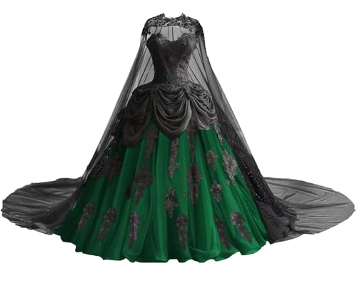 Gothic Black Wedding Dresses for Bride with Cape Lace Applique Bridal Gowns Tiered Vintage Quinceanera Dresses