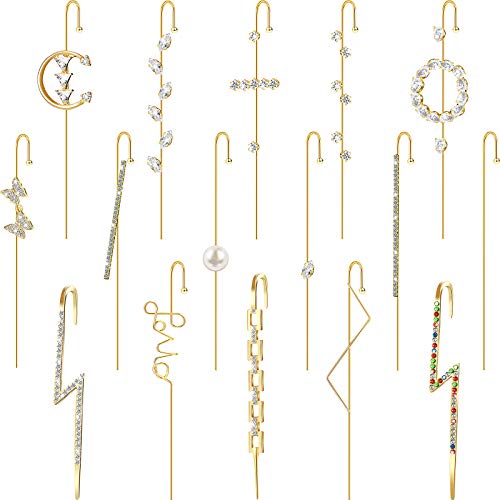 16 Pieces Ear Cuff Wrap Crawler Hook Earrings Ear Crawler Earrings Rhinestone Piercing Climber Earrings for Christmas Valentine's Day New Year (Gold)